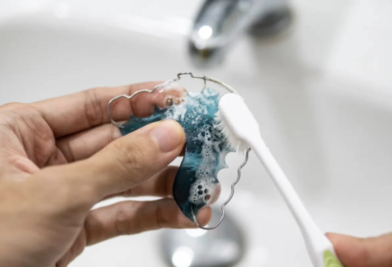 Hand cleaning a dental retainer with a toothbrush and soap under running water in a bathroom sink.